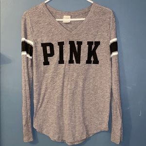 PINK Long Sleeved Tee with Black Stripes